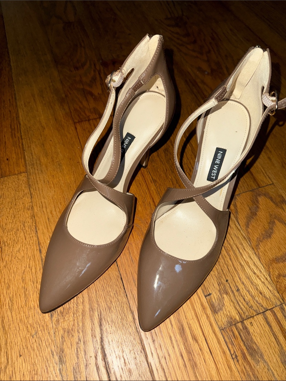 Nine West Taupe Patent Pointed-Toe Ankle-Strap Pumps